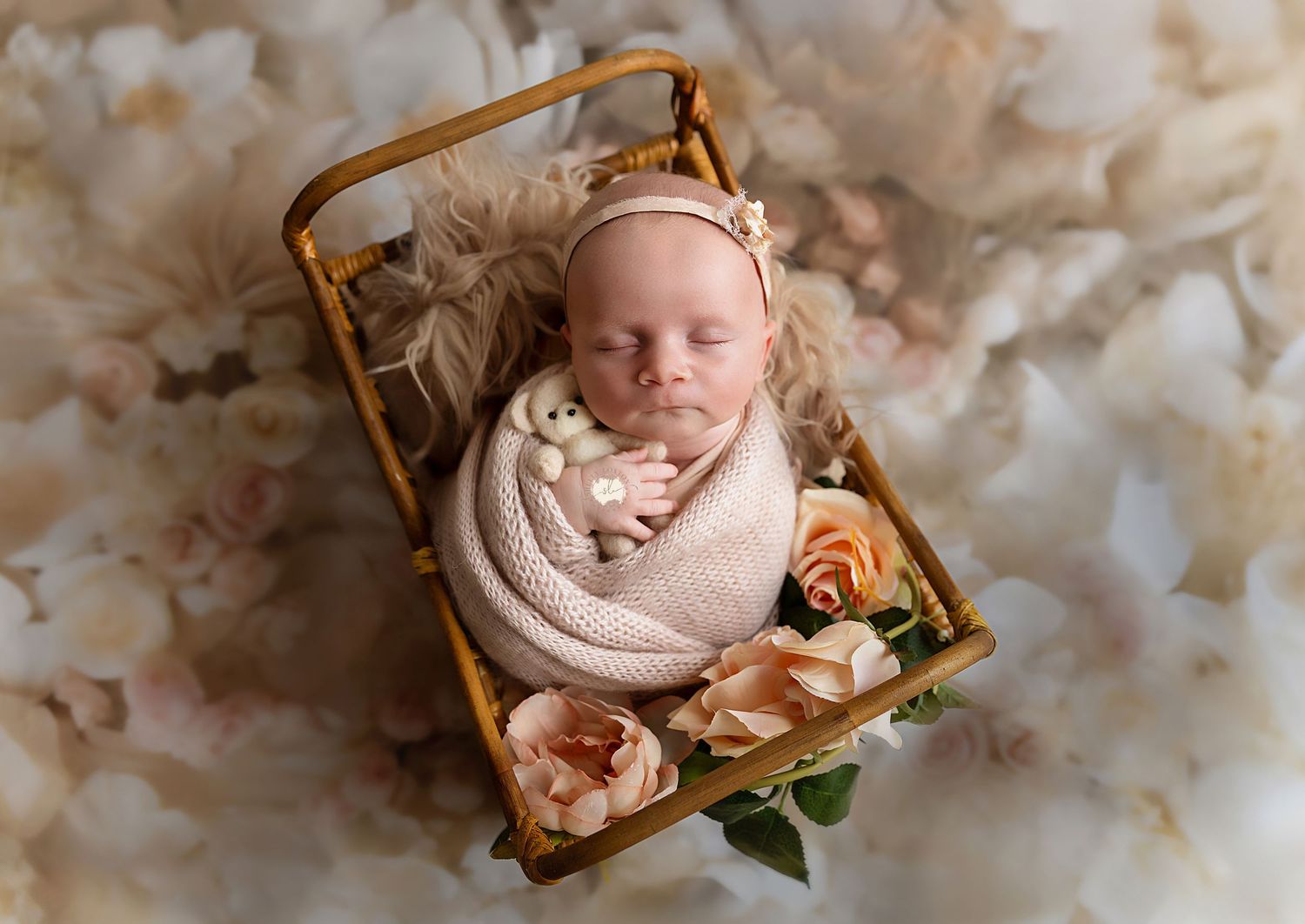 Image of baby girl wrapped in a little basket cuddling a teddy.  Shelly Loxton Photography in Coventry