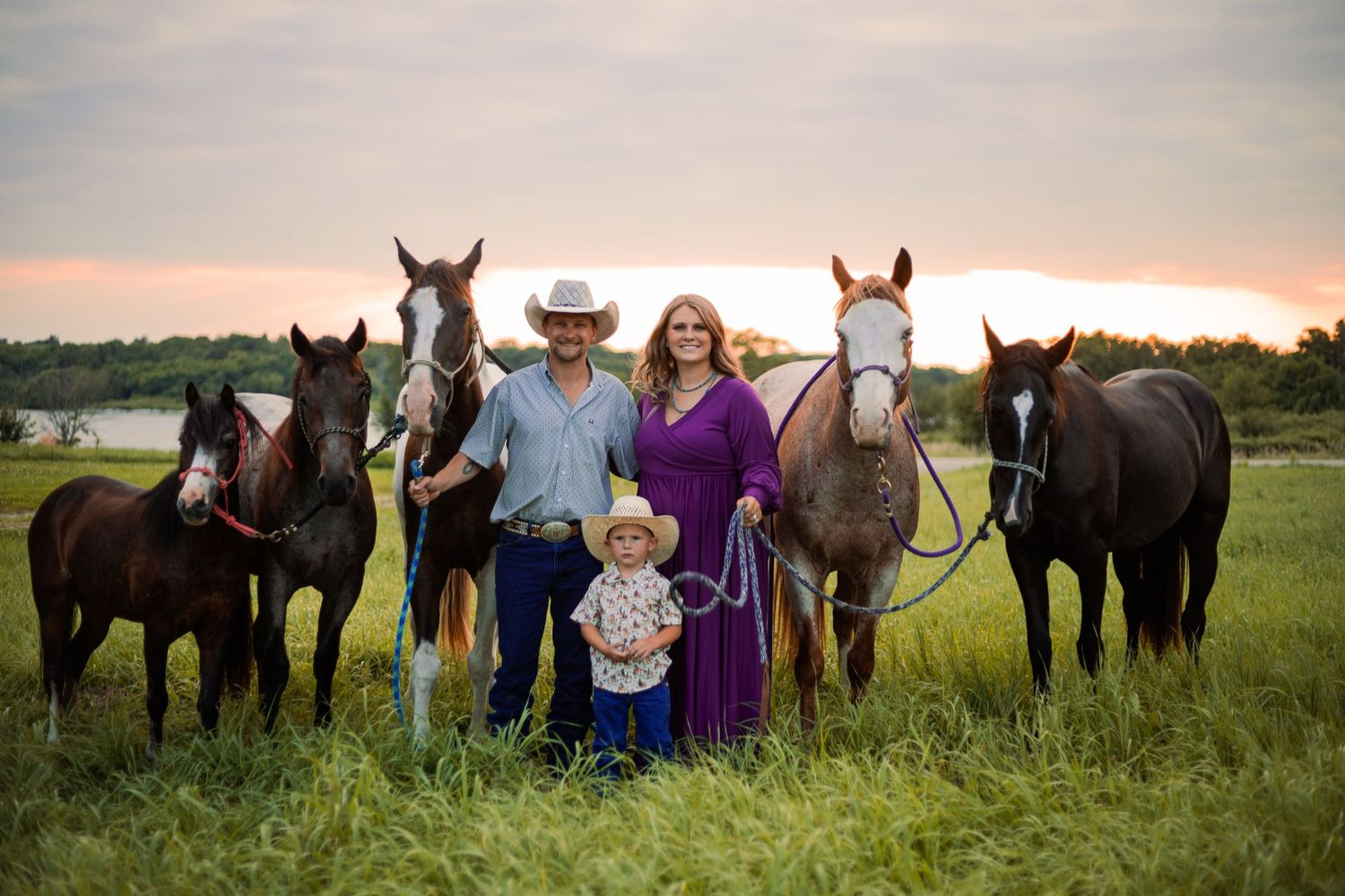 A series of outdoor portraits showing people with horses in a grassy field at sunset.