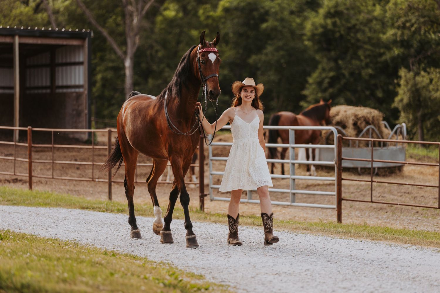 Woman in white dress and cowboy hat walks bay horse along ranch pathway with horses in background.