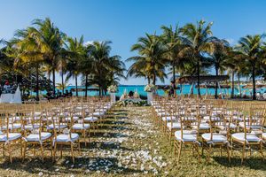 Elegant outdoor beach wedding ceremony with gold chairs, flower petal aisle, palm trees, and turquoise ocean backdrop.