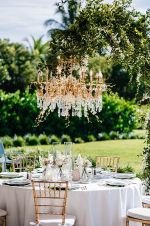 Outdoor garden wedding reception table with crystal chandelier centerpiece surrounded by lush greenery and floral arrangements.