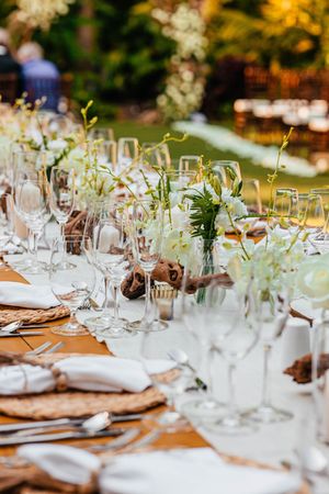 Rustic outdoor wedding reception long table with white orchids, driftwood accents, and elegant glassware settings.