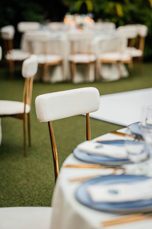 Elegant outdoor wedding reception with white and gold chairs, blue and white place settings on draped tables.