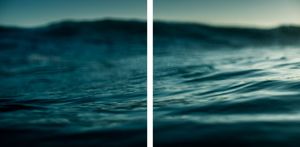 Close-up diptych of deep teal ocean waves with moody, dramatic lighting and soft bokeh effect.