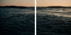Two-panel diptych of dark ocean waves at dusk with a warm sunset horizon reflecting on rippling water.