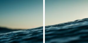 A minimalist diptych of deep blue ocean waves rising against a clear gradient sky at dusk.