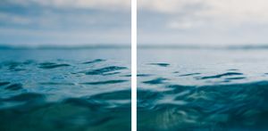 Diptych of serene turquoise ocean surface with soft ripples under a cloudy sky.