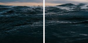 A dramatic diptych of dark ocean waves under a moody twilight sky, capturing the raw power of the open sea.