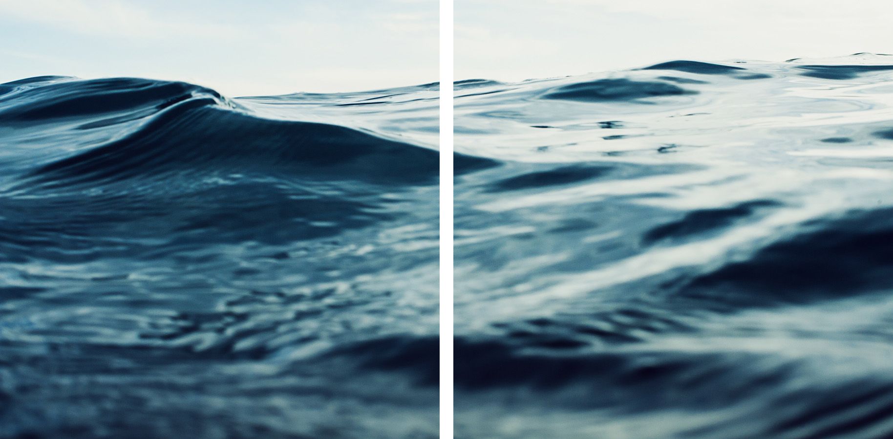 A stunning diptych of deep blue ocean waves captured up close, showcasing the serene and dynamic beauty of the sea.