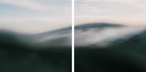 Dreamy diptych of misty green mountains with soft blurred clouds in a serene twilight sky.