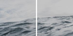 Close-up view of calm ocean waves with a soft gray sky in a serene, minimalist diptych seascape photograph.