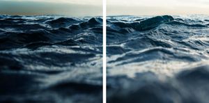 A diptych of dark blue ocean waves rolling under a cloudy sky, capturing the raw power of the open sea.