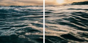 Golden sunset reflecting on dark teal ocean waves in a close-up diptych photograph.