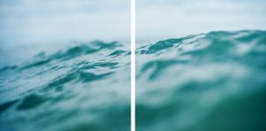 Close-up diptych of vibrant turquoise ocean waves with clear water texture in natural light.