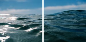 A serene diptych of ocean waves with sunlight reflecting off deep teal water against a clear blue sky.