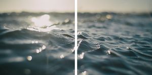 Close-up diptych of calm ocean waves with sunlight reflecting on the blue water surface.
