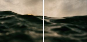 Moody diptych of dark stormy ocean waves with a warm golden horizon glow at dusk.