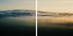 A serene diptych ocean photograph capturing calm blue-green waves at golden hour with a soft horizon line.
