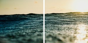 A diptych of choppy blue ocean waves bathed in warm golden sunlight during sunset.