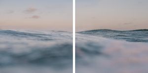 Serene ocean diptych with soft pastel sky and gentle waves at dusk, evoking calm and tranquility.