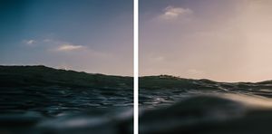 A split diptych photo of ocean waves with dramatic green swells under a partly cloudy sky.