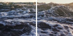 Diptych of powerful foamy ocean waves crashing at golden hour light.