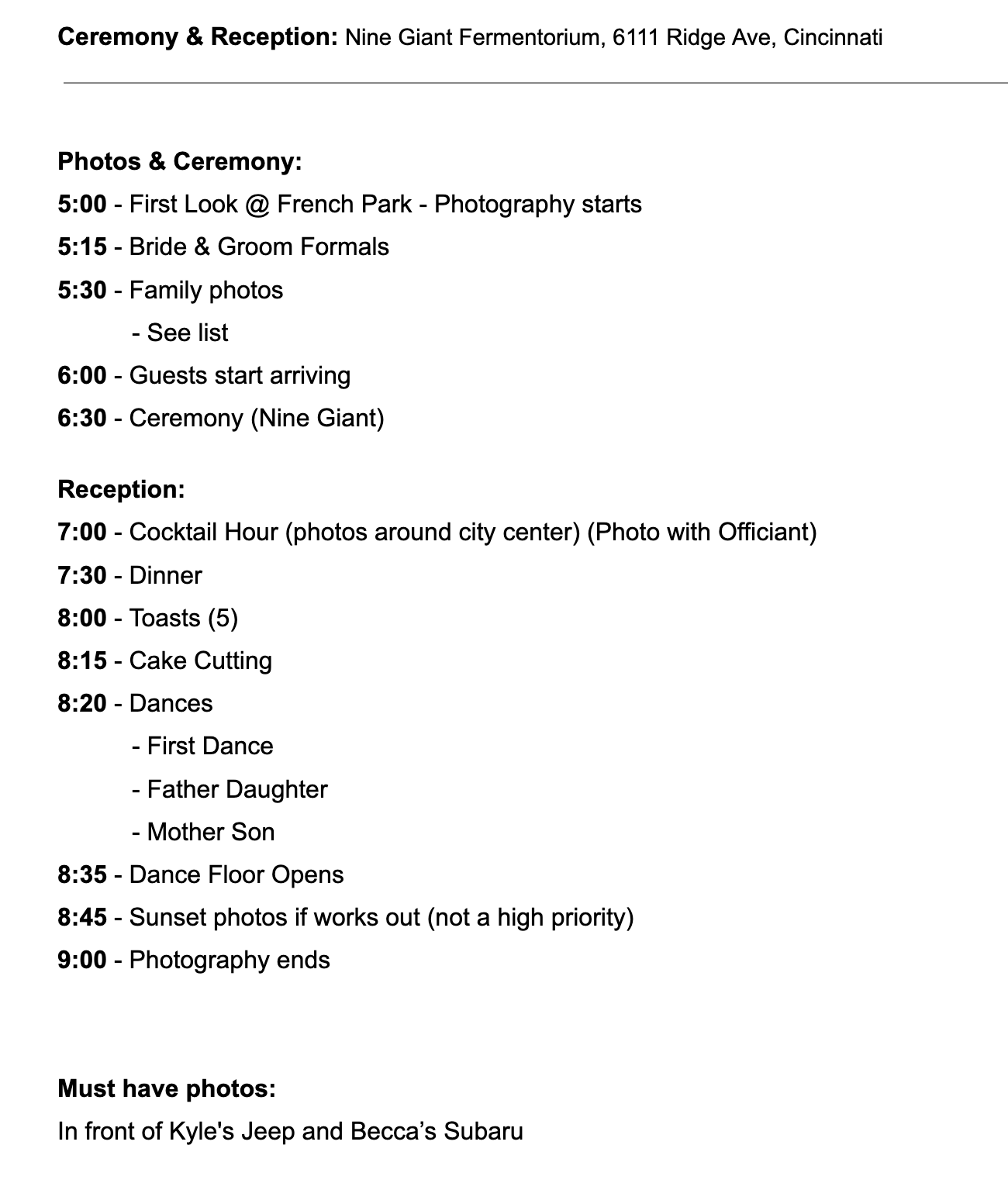 Wedding day timeline document for Nine Giant Fermentorium ceremony and reception in Cincinnati with photo schedule.