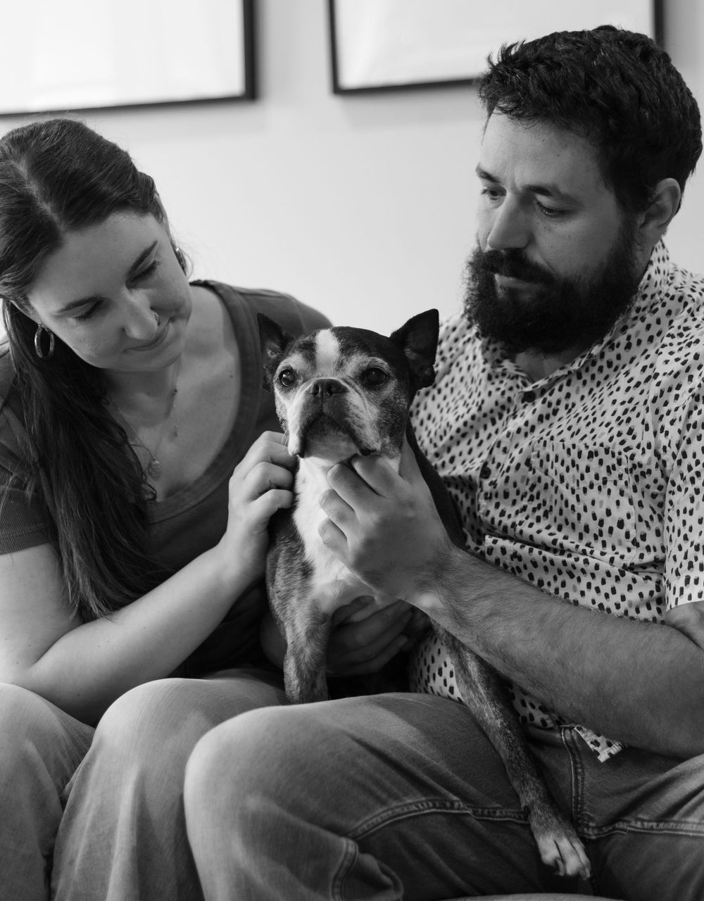 Black and white photo of a couple sitting together, affectionately petting a small Boston Terrier dog.