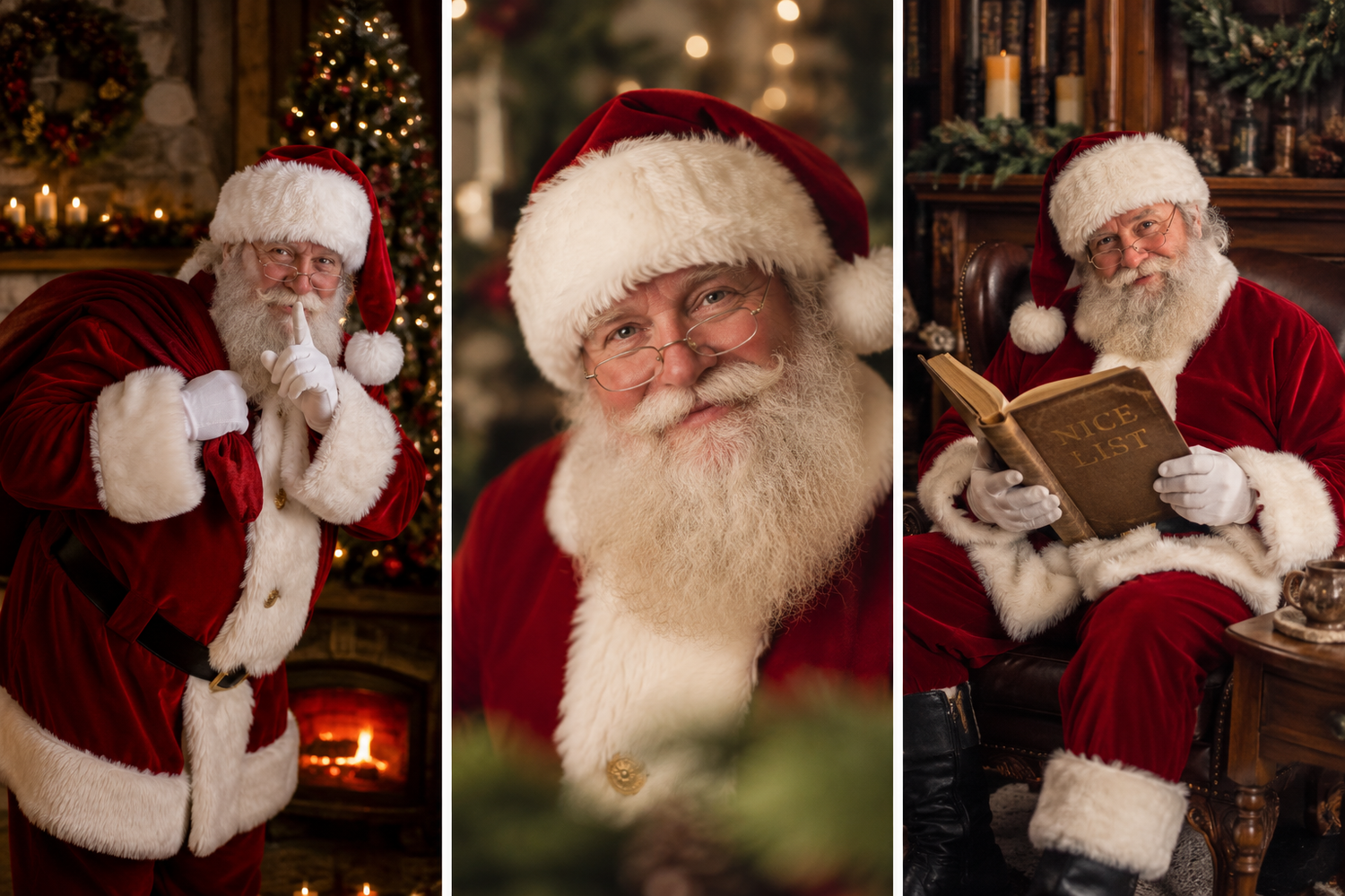 Three festive Santa Claus portraits showing Santa gesturing, smiling, and reading a book in cozy holiday settings.