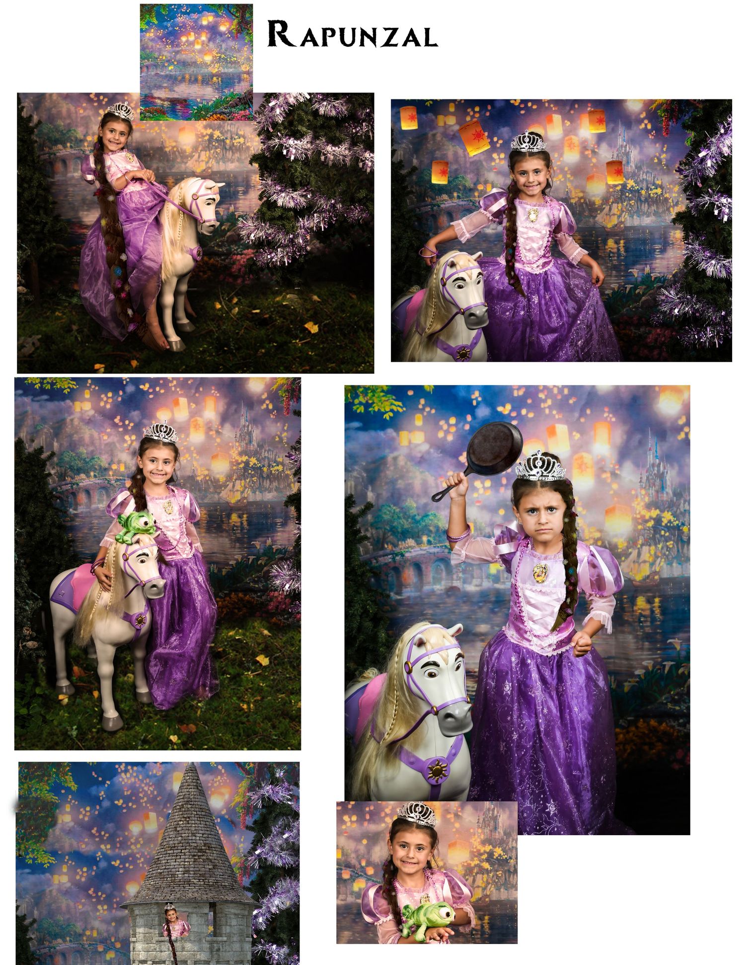 Belle from Beauty and the Beast in golden gown poses with children in enchanted ballroom setting collage.