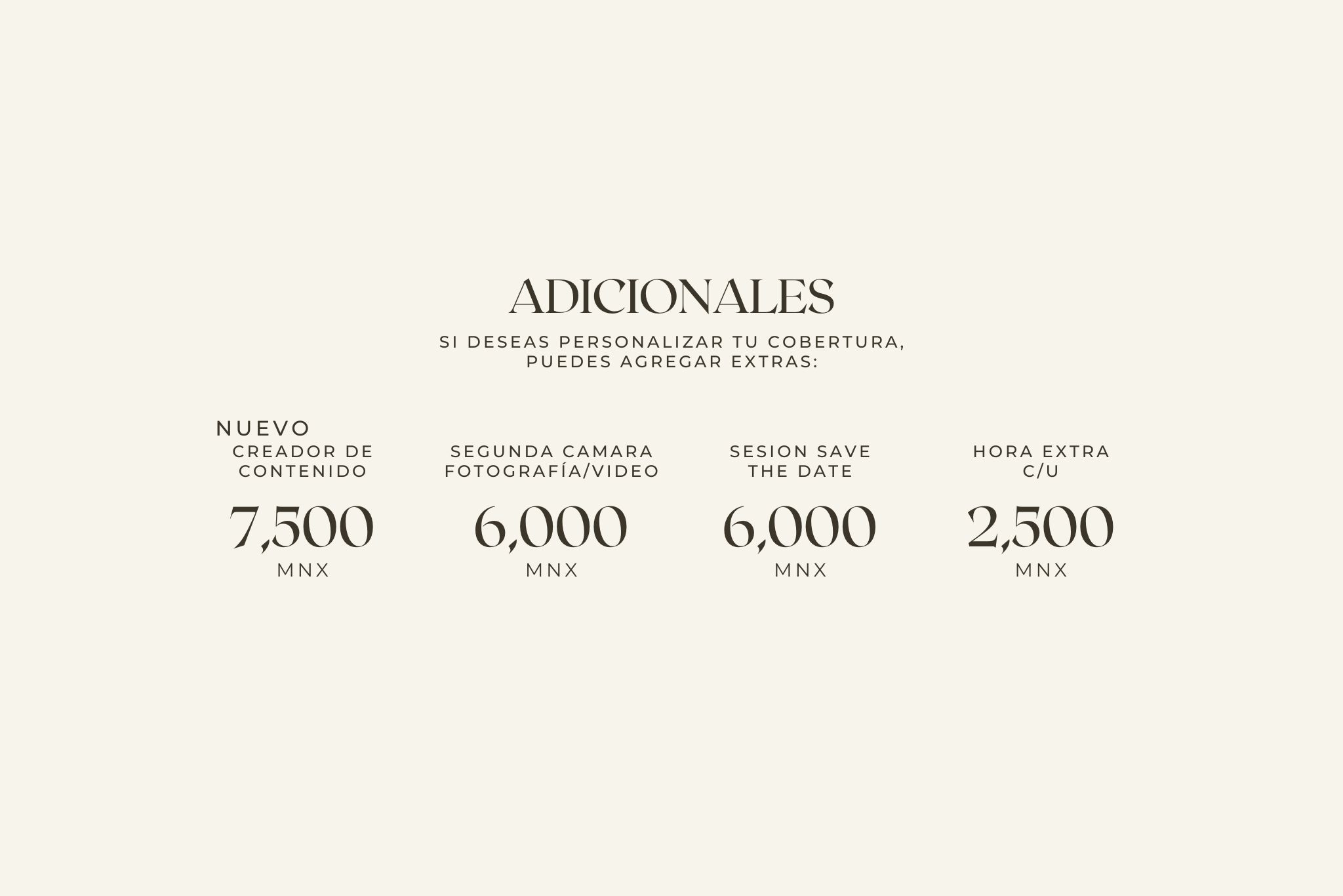 Pricing guide for wedding photography add-ons in Spanish, listing content creator, second camera, save the date, and extra hours options.