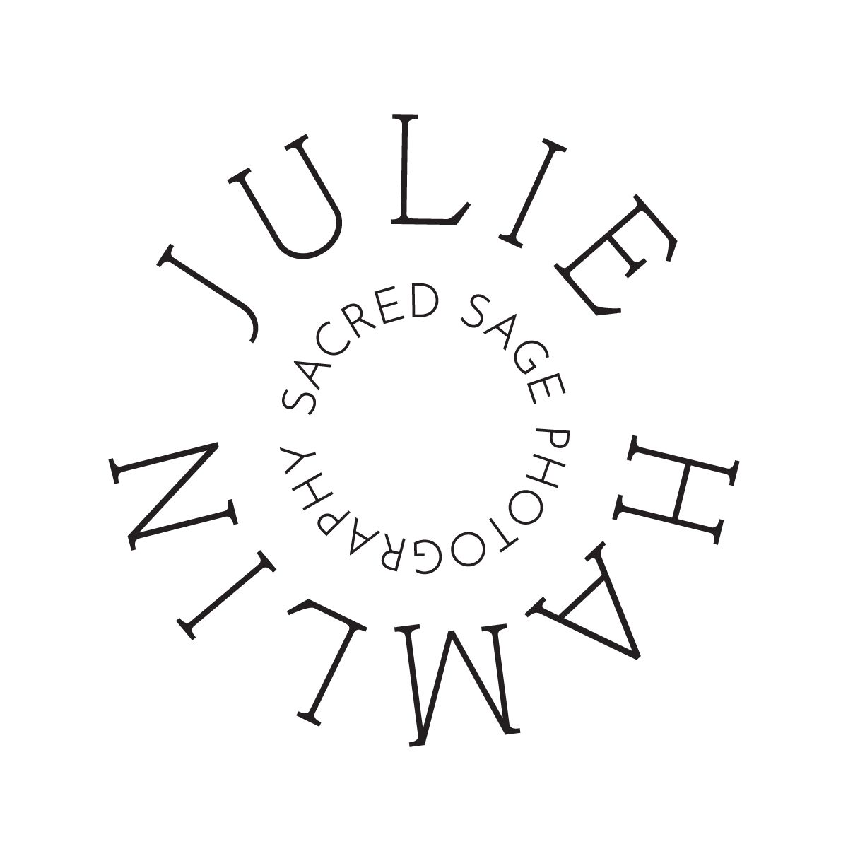 Circular logo for Julie Hamlin Sacred Sage Photography with elegant black text arranged in a spiral on white background.