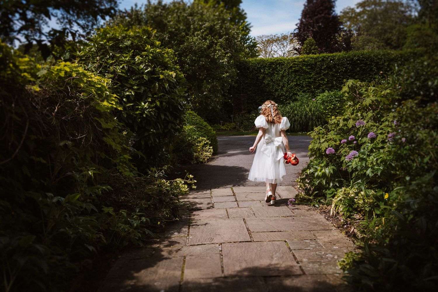 Bride in white dress walking along a garden path surrounded by lush green hedges and shrubs on a sunny day.