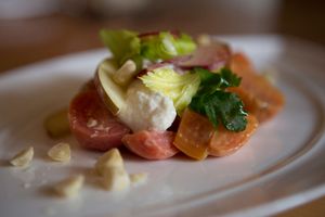 Elegant plated dish with tomatoes, artichoke, cream and fresh herbs on white plate.