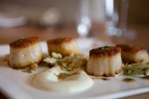 Four perfectly seared scallops served on a white rectangular plate with cream sauce.