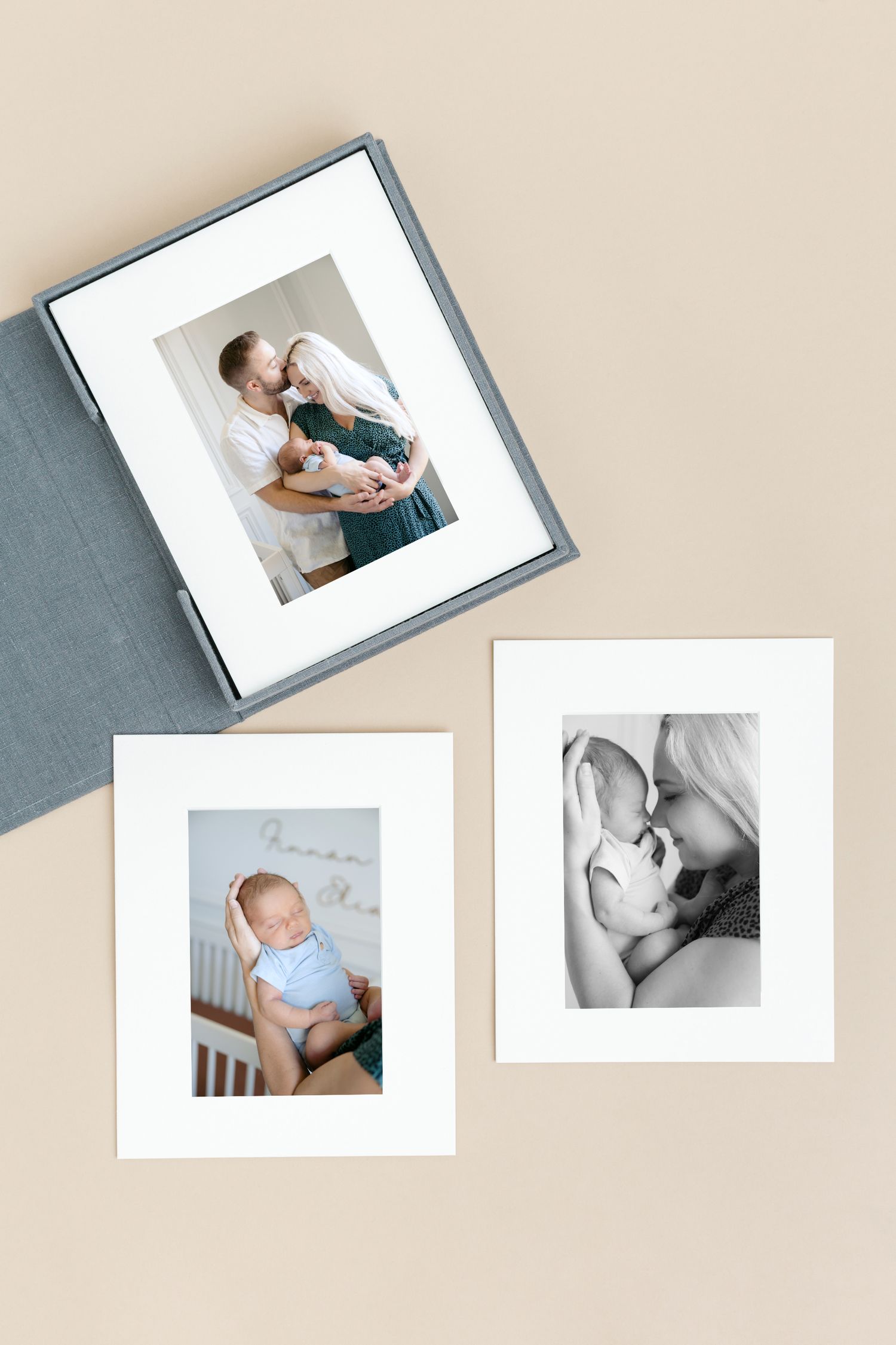 Jagger Rose Photography custom mounted prints and heirloom box for newborns showcasing in home lifestyle newborn session in hudson, wi