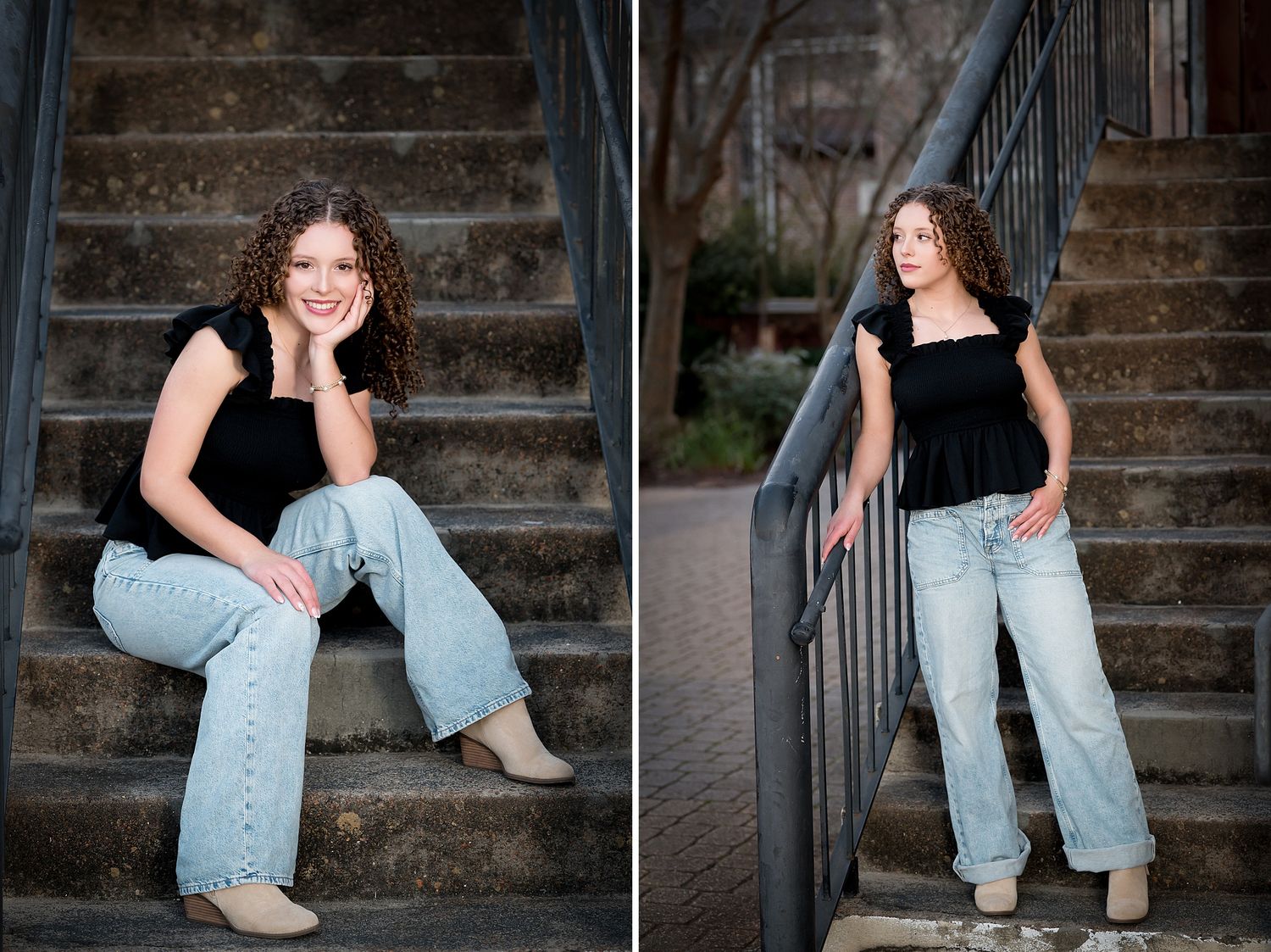 Young woman in black top and light jeans poses on stone stairs, smiling warmly in two portrait shots.