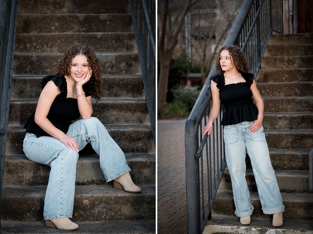Young woman in black top and light jeans poses on stone stairs, smiling warmly in two portrait shots.