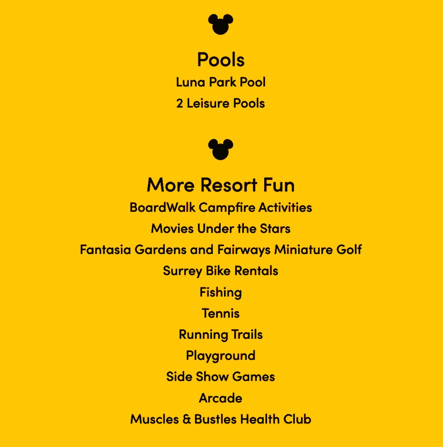 Yellow information board listing resort amenities including pools and activities.