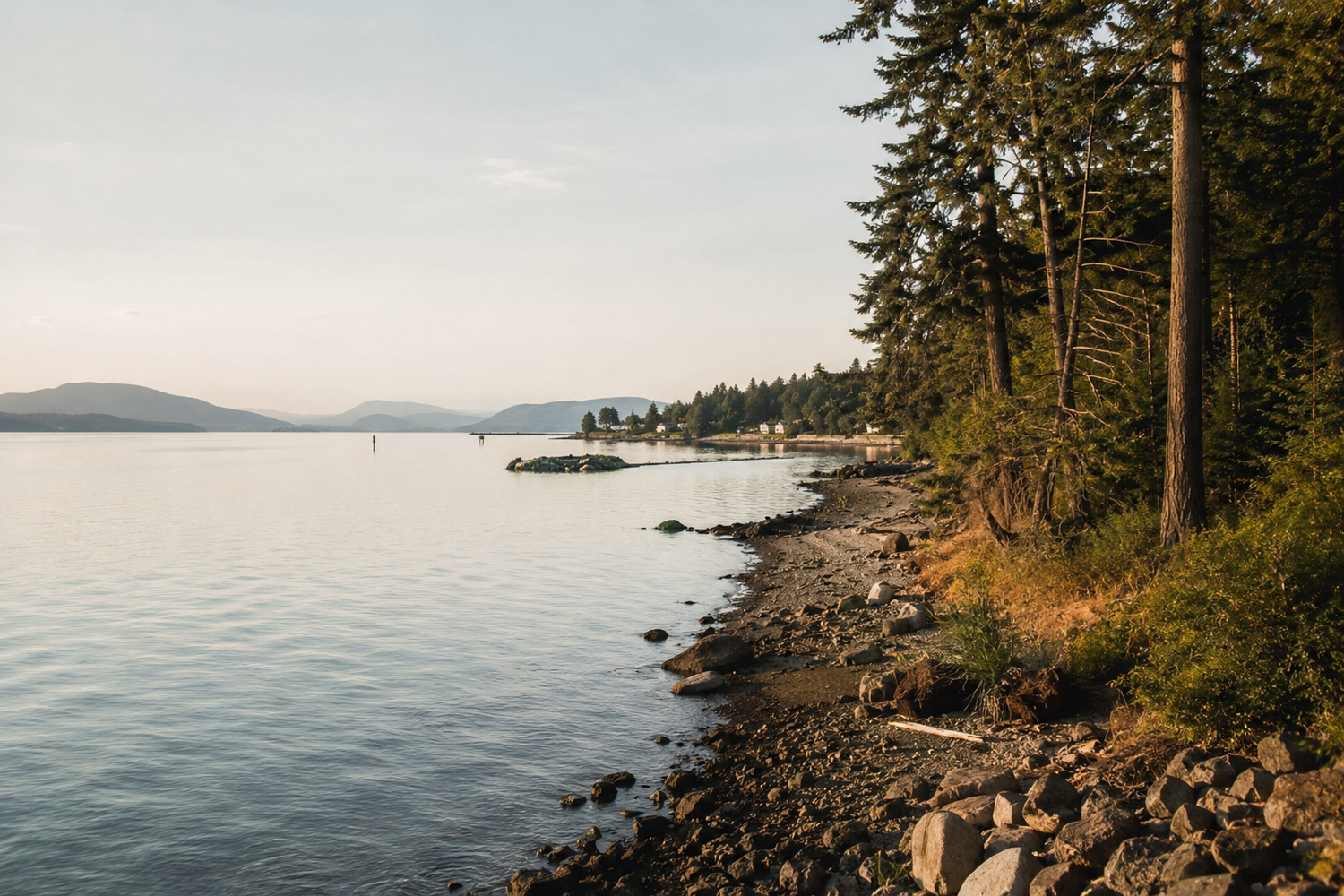 A Pacific Northwest Coastline by the water in late afternoon.