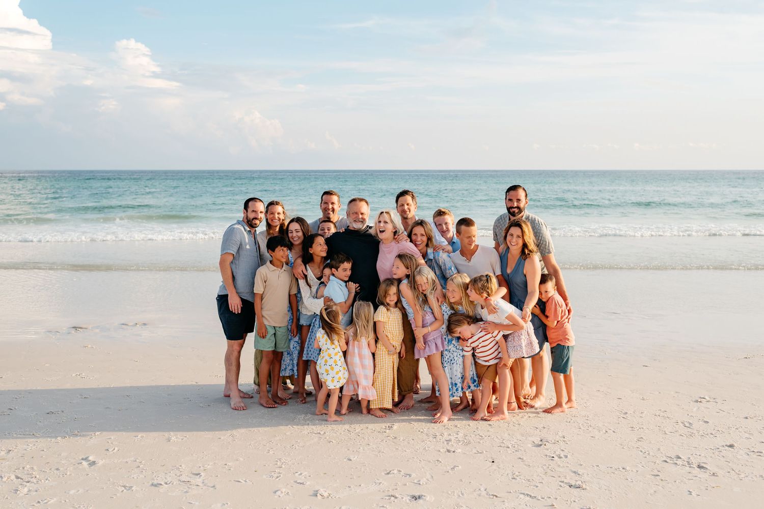 Large group family portraits at the beach with a professional photographer. Staying in the Santa Rosa Beach area during the Summer months.