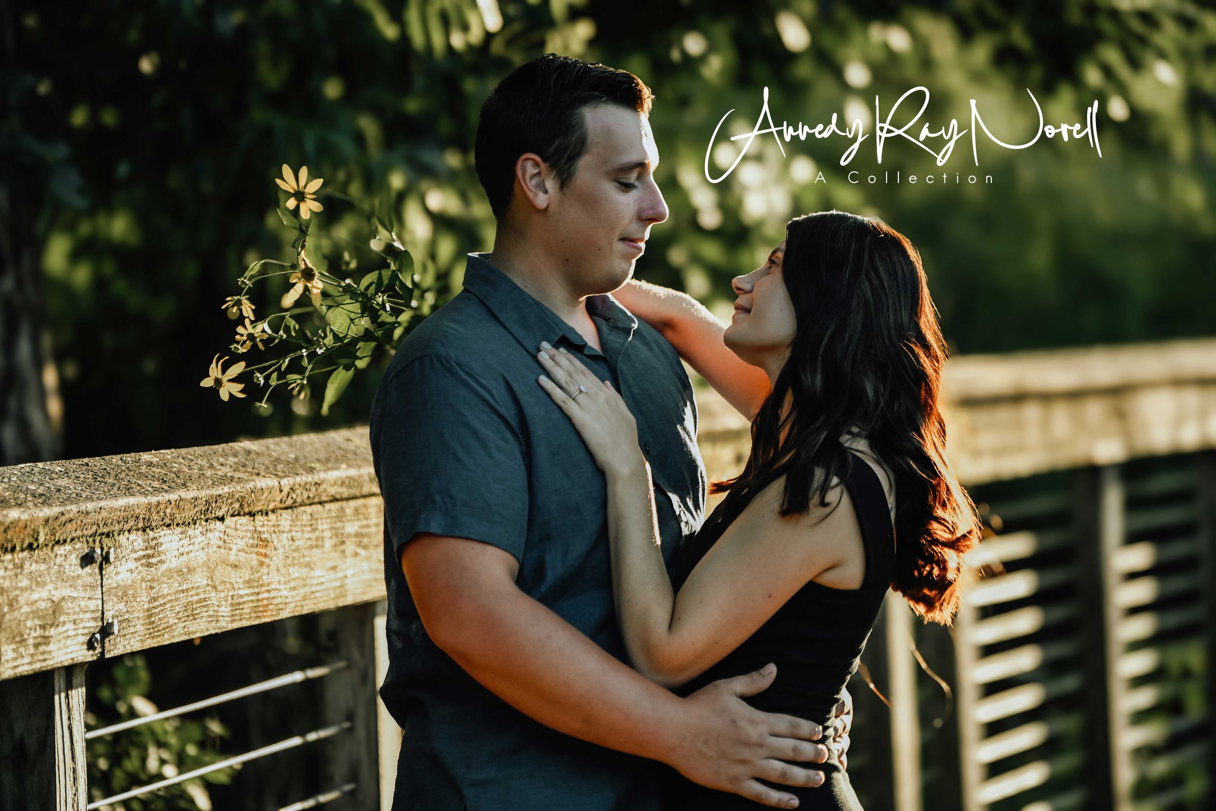 Romantic couple embracing on a wooden bridge surrounded by greenery in warm evening light.