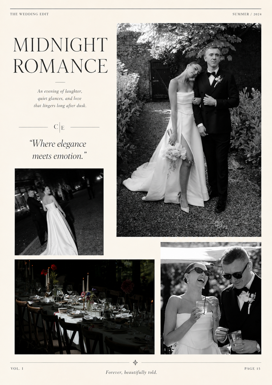 Black and white wedding collage featuring bride and groom portraits, elegant table setting, and romantic couple sharing champagne.