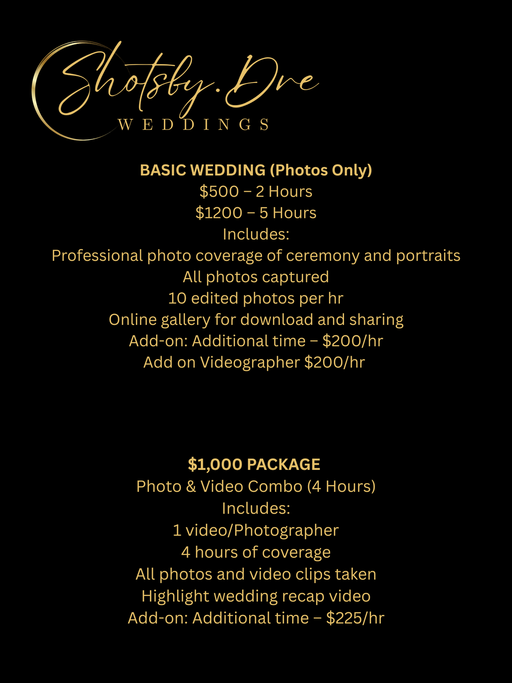 Shotsky Dre Weddings pricing menu showing basic and combo wedding photography and video packages.