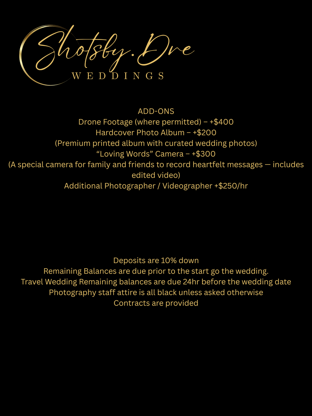 Shotsky Dre Weddings add-ons and payment policy card including drone footage and photo album options.