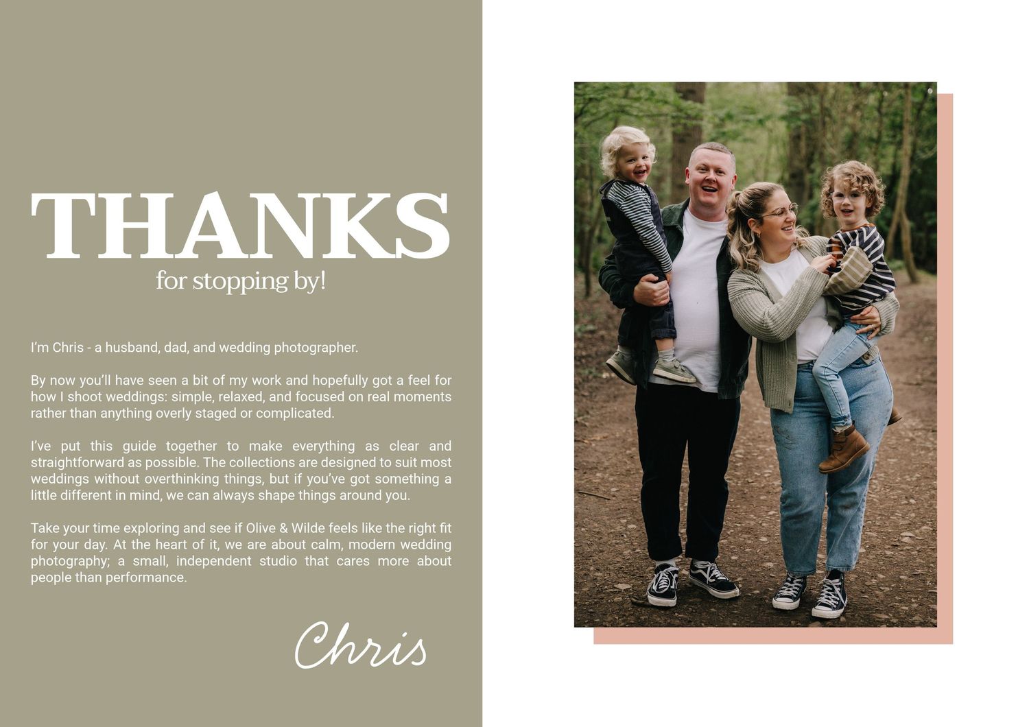 A happy family of four poses outdoors among trees, featured on a thank you card signed by photographer Chris.