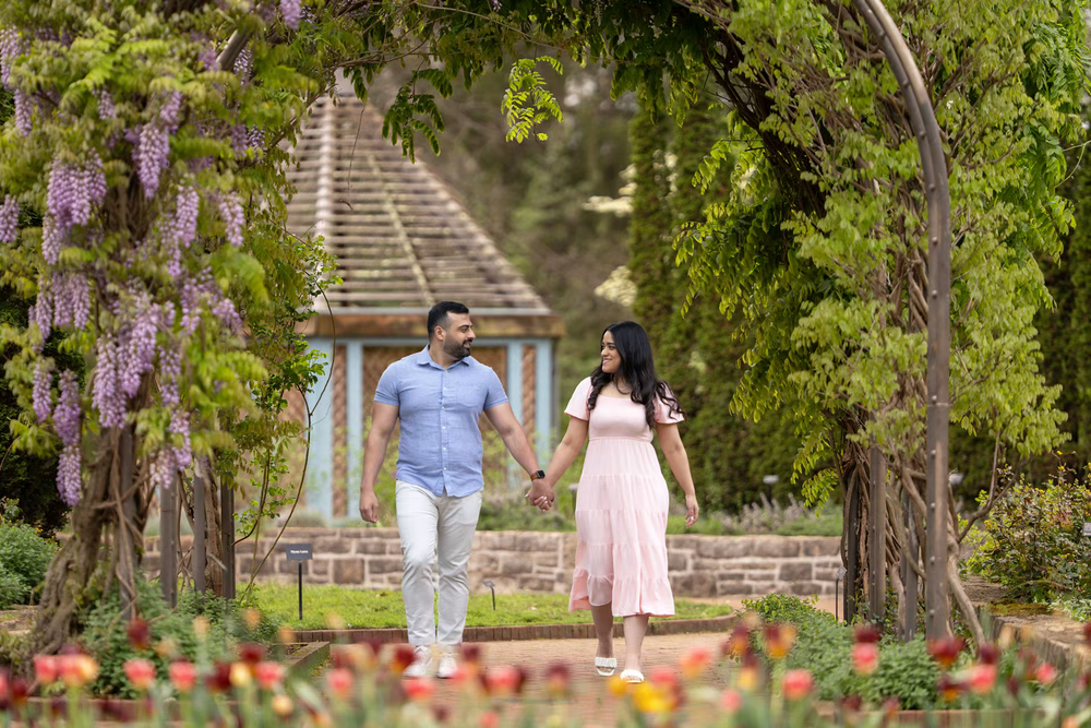 Couple holding hands walking through a lush garden arch with wisteria blooms and colorful tulips.