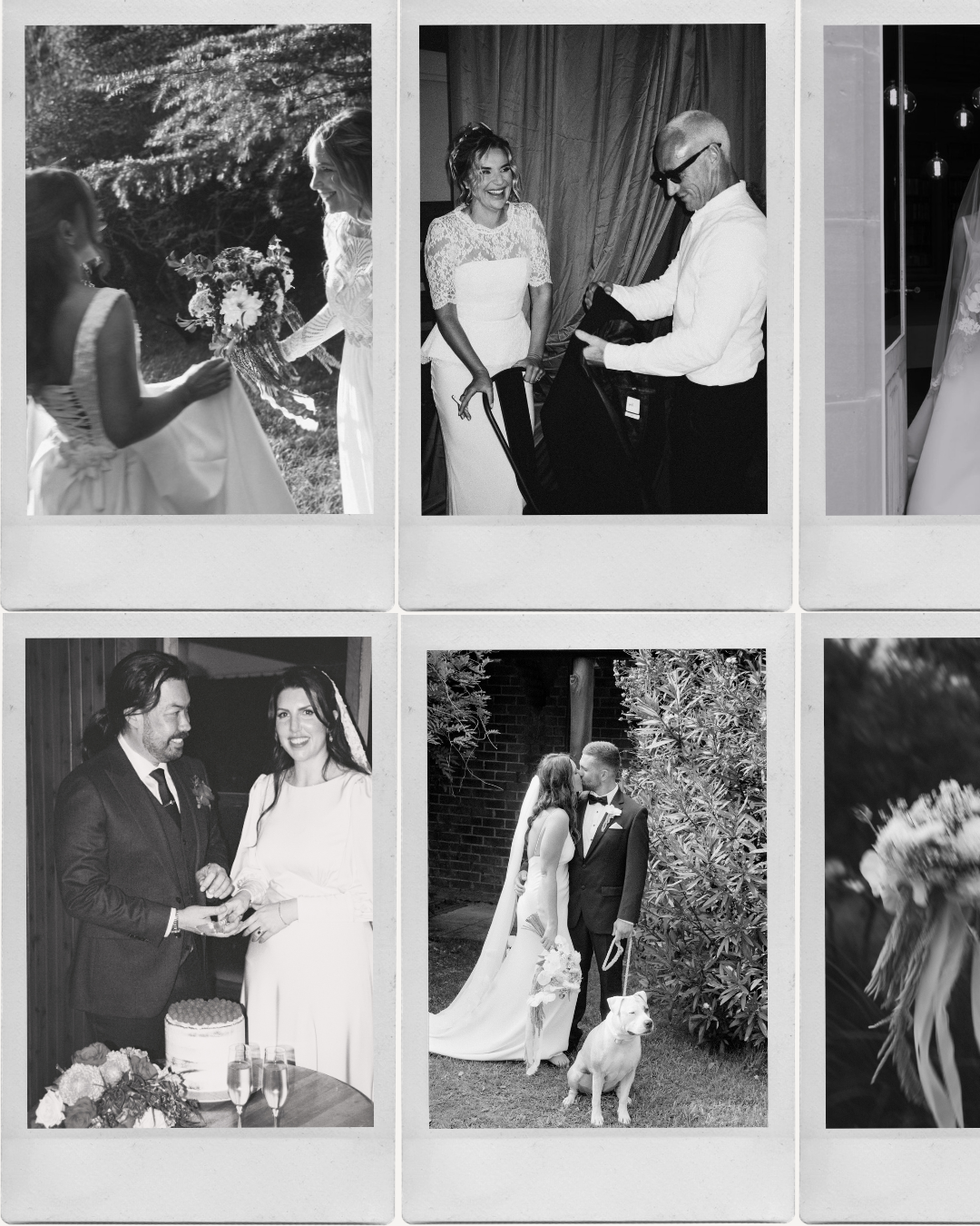 Black and white Polaroid collage of wedding moments featuring bride with bouquet, couple cutting cake, and outdoor ceremony with dog.