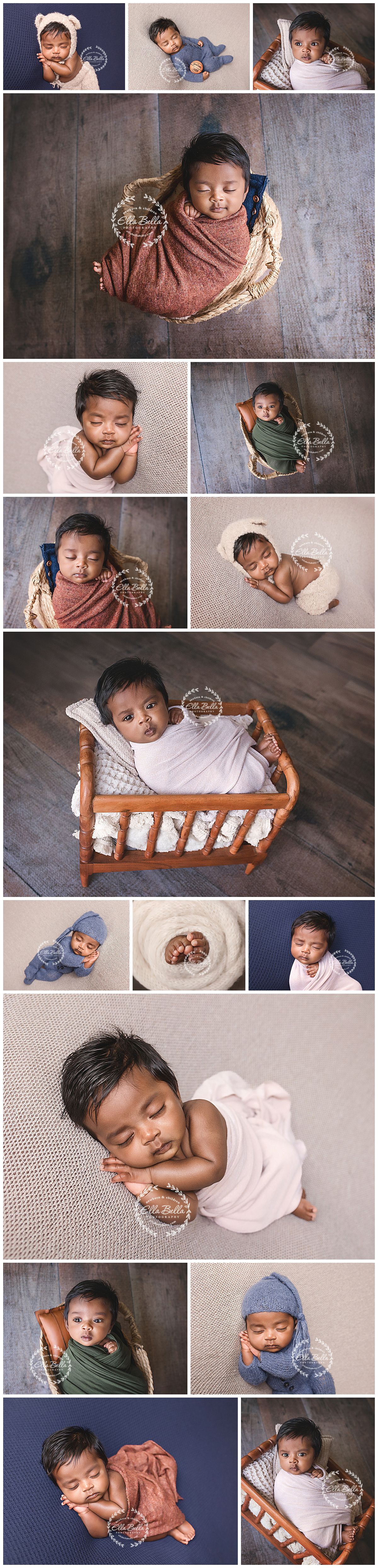Newborn baby boy posed in various wraps and props including a wooden crib, basket, and knit hats in a professional photo collage.