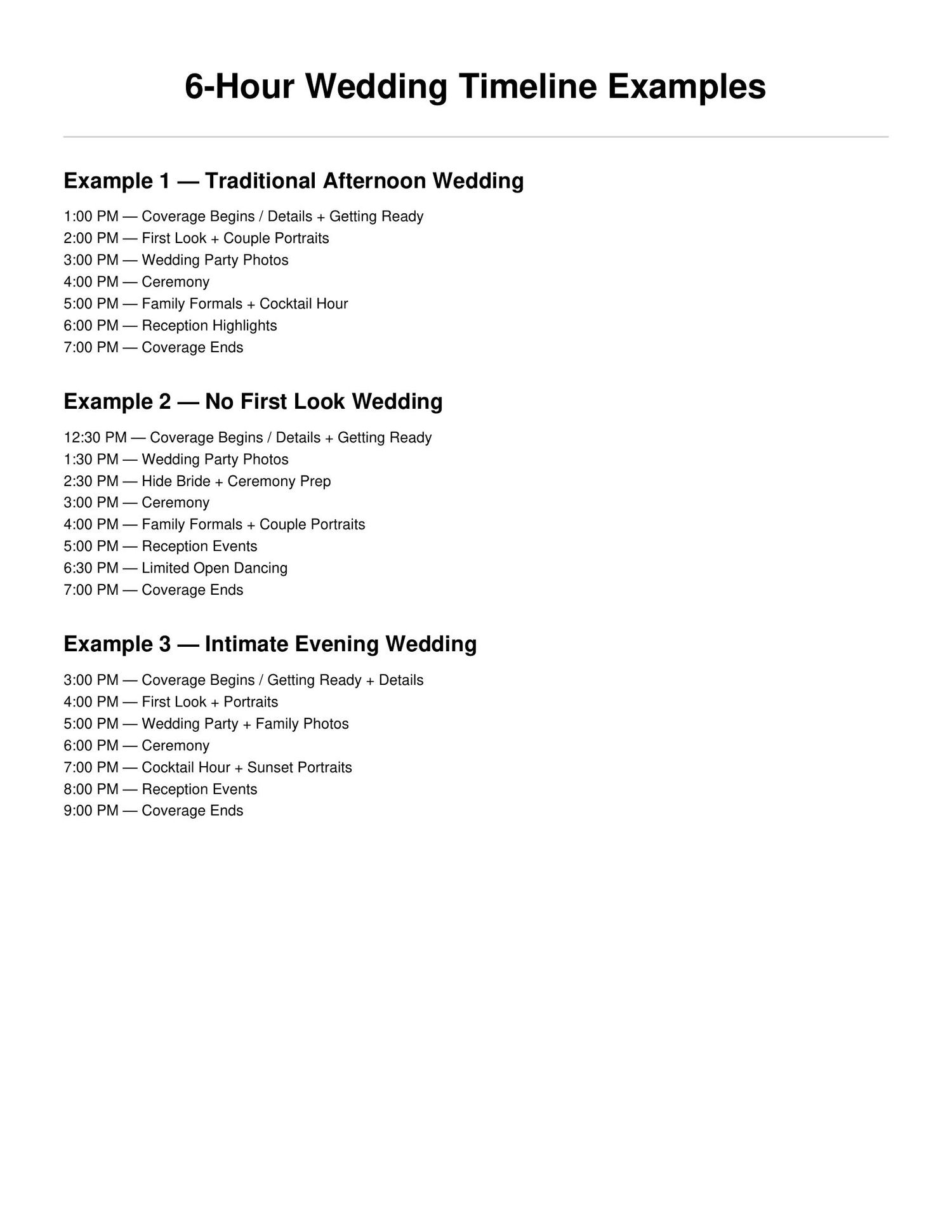 A 6-hour wedding timeline chart showing three example schedules for traditional afternoon, no first look, and intimate evening weddings.